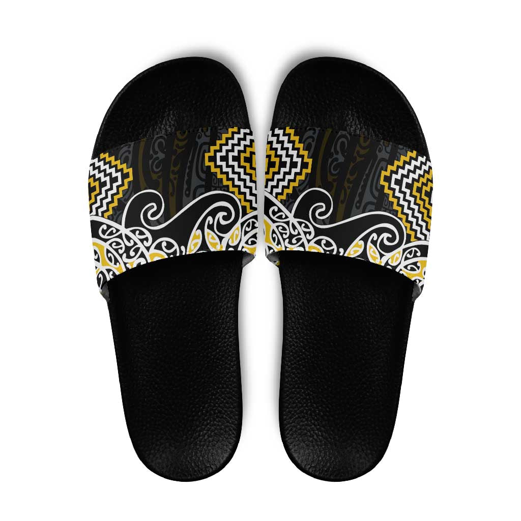 Gold Aotearoa Tukutuku Manawa Tapu Slide Sandals Ta Moko Toi Maori - Polynesian Pride