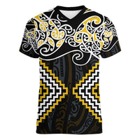Gold Aotearoa Tukutuku Manawa Tapu Women V-Neck T-Shirt Ta Moko Toi Maori LT9 Female Gold - Polynesian Pride