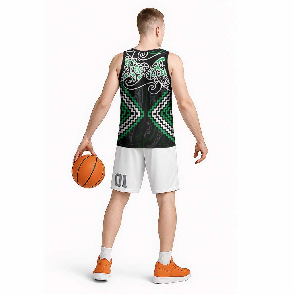 Green Aotearoa Tukutuku Manawa Tapu Basketball Jersey Ta Moko Toi Maori - Polynesian Pride