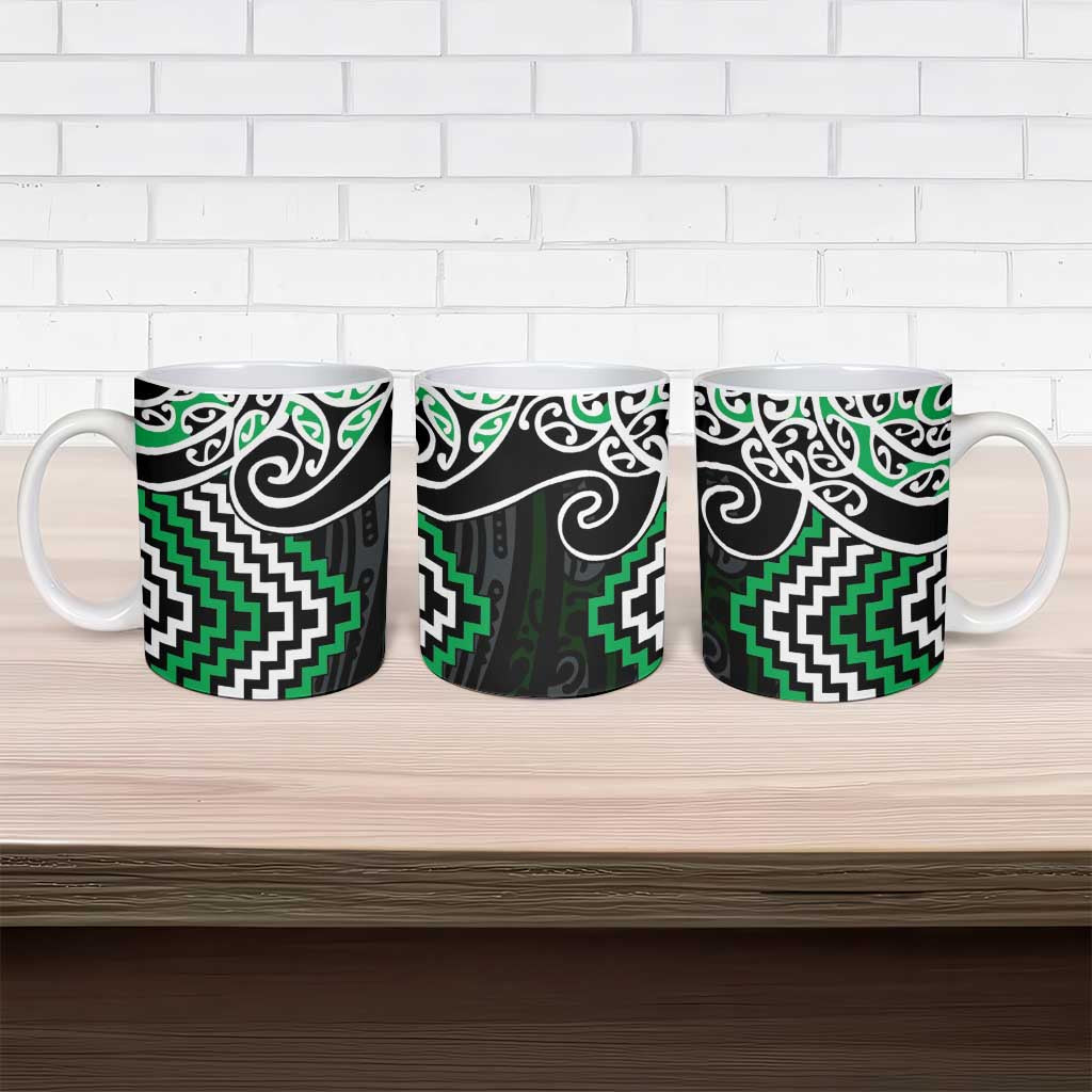Green Aotearoa Tukutuku Manawa Tapu Ceramic Mug Ta Moko Toi Maori - Polynesian Pride