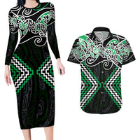 Green Aotearoa Tukutuku Manawa Tapu Couples Matching Long Sleeve Bodycon Dress and Hawaiian Shirt Ta Moko Toi Maori LT9 Green - Polynesian Pride