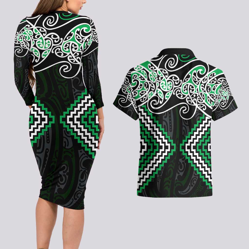 Green Aotearoa Tukutuku Manawa Tapu Couples Matching Long Sleeve Bodycon Dress and Hawaiian Shirt Ta Moko Toi Maori LT9 - Polynesian Pride
