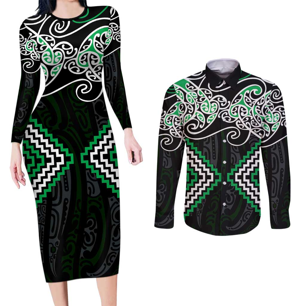 Green Aotearoa Tukutuku Manawa Tapu Couples Matching Long Sleeve Bodycon Dress and Long Sleeve Button Shirt Ta Moko Toi Maori LT9 Green - Polynesian Pride