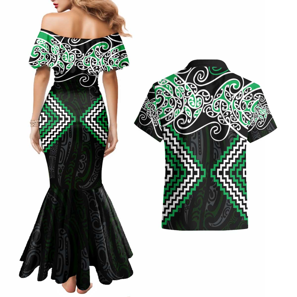 Green Aotearoa Tukutuku Manawa Tapu Couples Matching Mermaid Dress and Hawaiian Shirt Ta Moko Toi Maori LT9 - Polynesian Pride