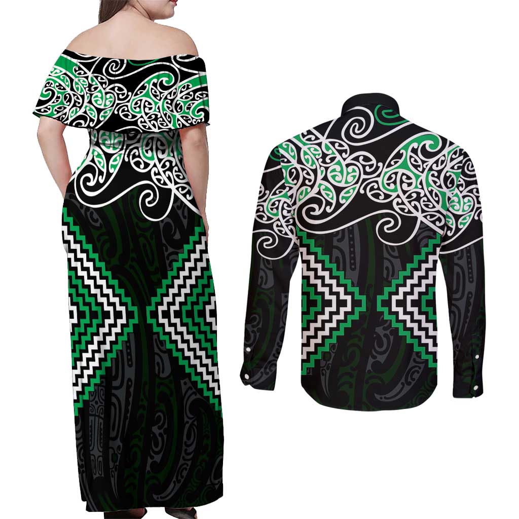 Green Aotearoa Tukutuku Manawa Tapu Couples Matching Off Shoulder Maxi Dress and Long Sleeve Button Shirt Ta Moko Toi Maori