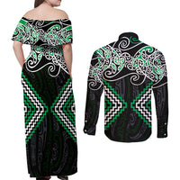Green Aotearoa Tukutuku Manawa Tapu Couples Matching Off Shoulder Maxi Dress and Long Sleeve Button Shirt Ta Moko Toi Maori
