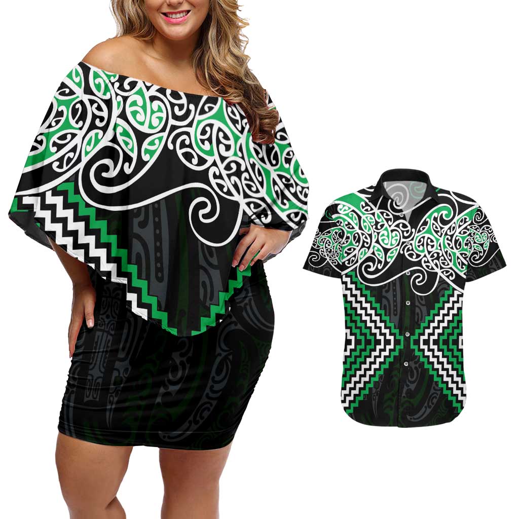 Green Aotearoa Tukutuku Manawa Tapu Couples Matching Off Shoulder Short Dress and Hawaiian Shirt Ta Moko Toi Maori LT9 Green - Polynesian Pride