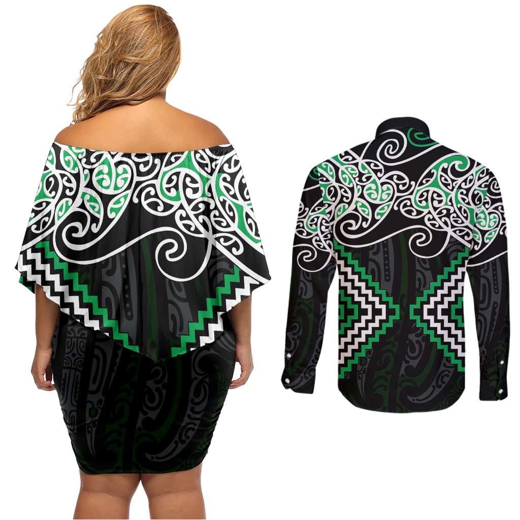 Green Aotearoa Tukutuku Manawa Tapu Couples Matching Off Shoulder Short Dress and Long Sleeve Button Shirt Ta Moko Toi Maori