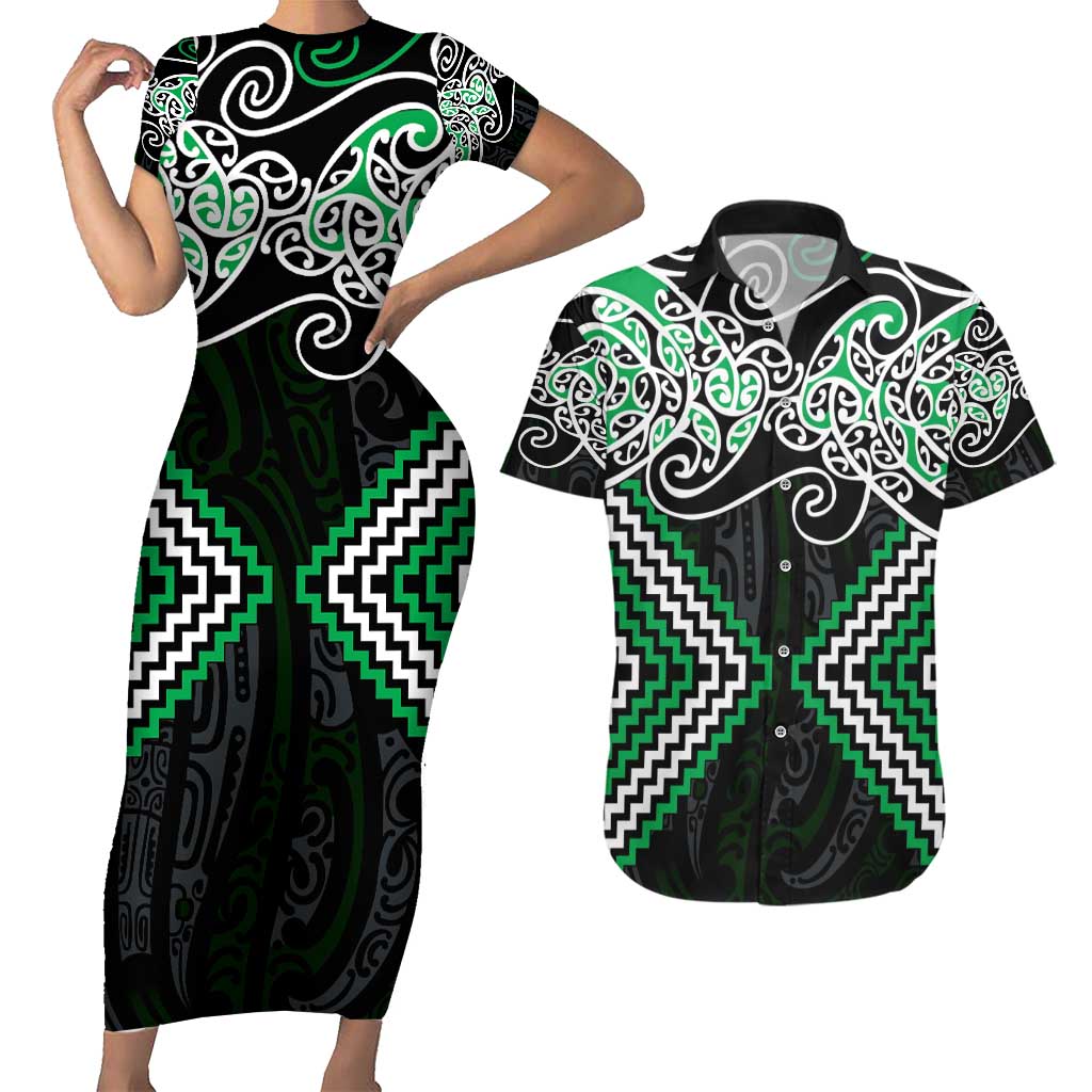 Green Aotearoa Tukutuku Manawa Tapu Couples Matching Short Sleeve Bodycon Dress and Hawaiian Shirt Ta Moko Toi Maori LT9 Green - Polynesian Pride