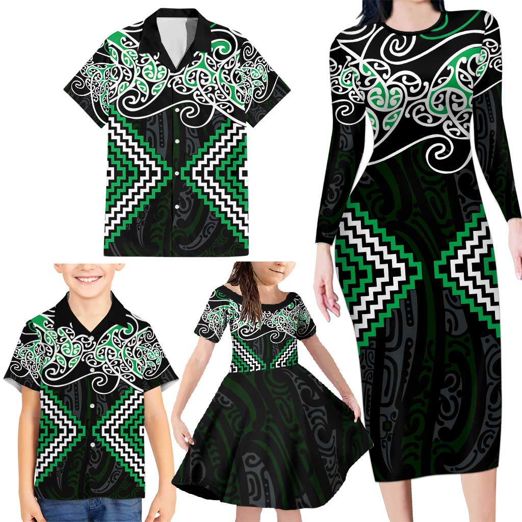 Green Aotearoa Tukutuku Manawa Tapu Family Matching Long Sleeve Bodycon Dress and Hawaiian Shirt Ta Moko Toi Maori LT9 - Polynesian Pride