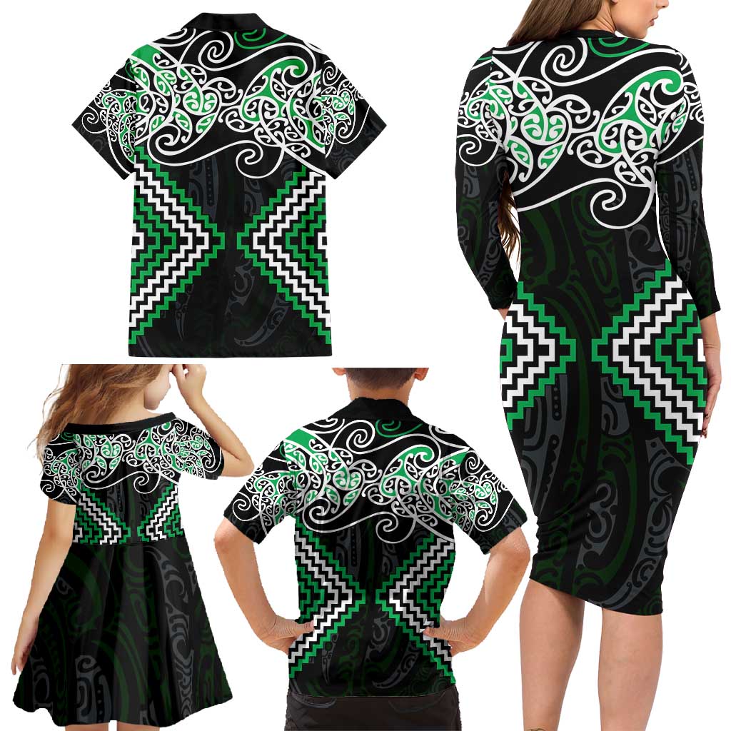 Green Aotearoa Tukutuku Manawa Tapu Family Matching Long Sleeve Bodycon Dress and Hawaiian Shirt Ta Moko Toi Maori LT9 - Polynesian Pride