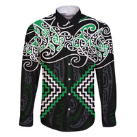 Green Aotearoa Tukutuku Manawa Tapu Family Matching Long Sleeve Bodycon Dress and Hawaiian Shirt Ta Moko Toi Maori LT9 Dad's Shirt - Long Sleeve Green - Polynesian Pride