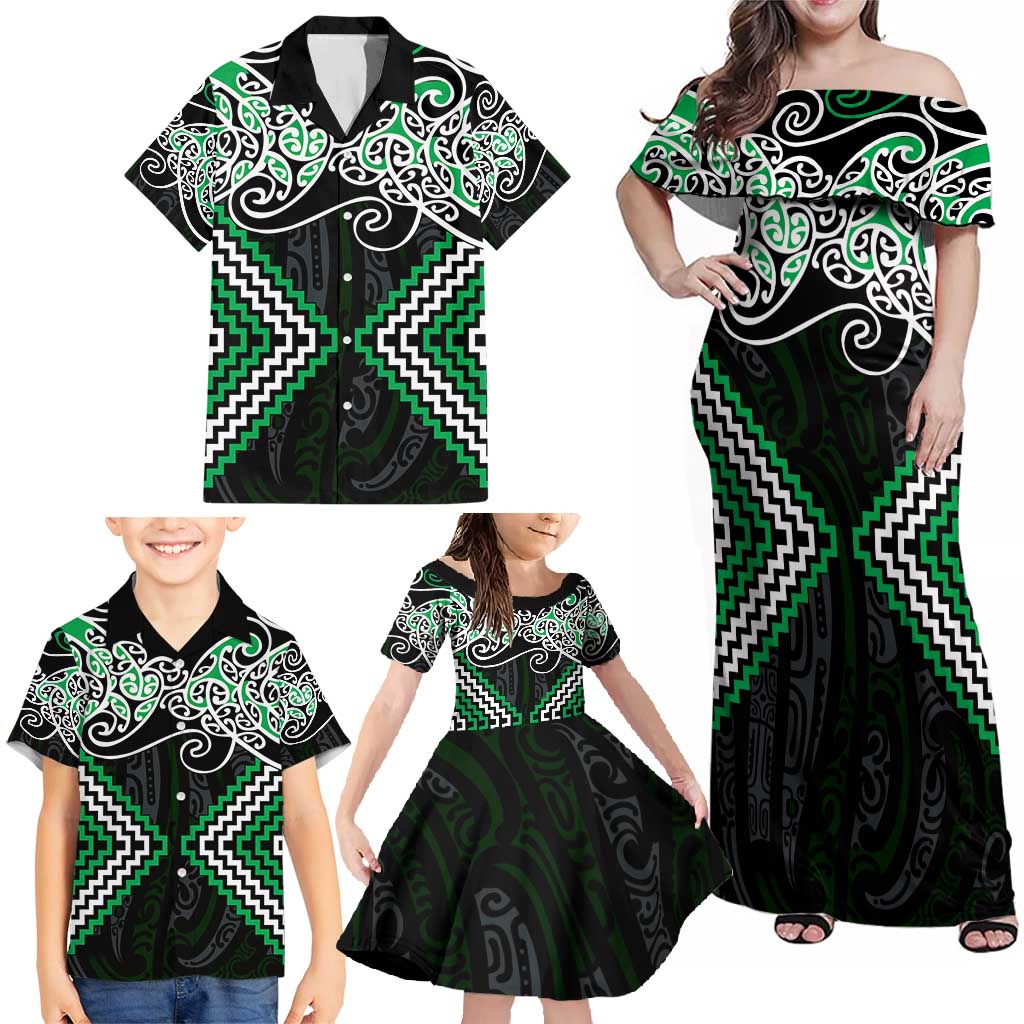 Green Aotearoa Tukutuku Manawa Tapu Family Matching Off Shoulder Maxi Dress and Hawaiian Shirt Ta Moko Toi Maori LT9 - Polynesian Pride