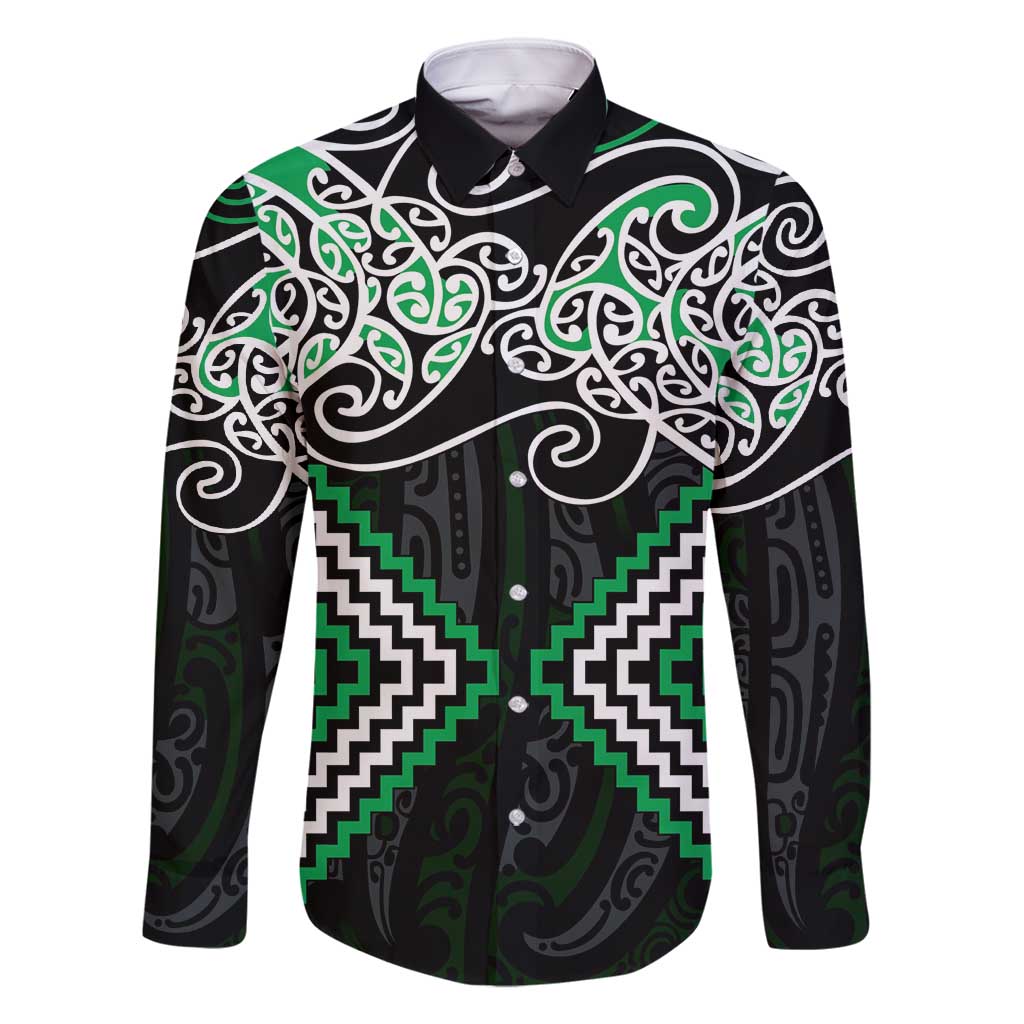 Green Aotearoa Tukutuku Manawa Tapu Family Matching Off Shoulder Maxi Dress and Hawaiian Shirt Ta Moko Toi Maori LT9 Dad's Shirt - Long Sleeve Green - Polynesian Pride