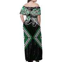 Green Aotearoa Tukutuku Manawa Tapu Family Matching Off Shoulder Maxi Dress and Hawaiian Shirt Ta Moko Toi Maori LT9 - Polynesian Pride