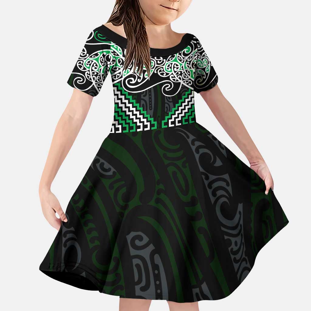 Green Aotearoa Tukutuku Manawa Tapu Family Matching Puletasi and Hawaiian Shirt Ta Moko Toi Maori LT9 Daughter's Dress Green - Polynesian Pride