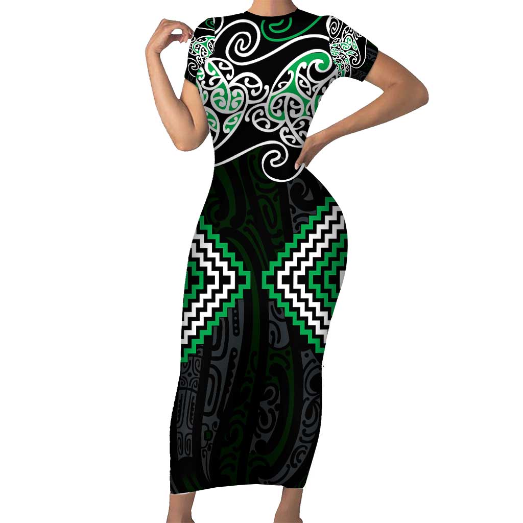 Green Aotearoa Tukutuku Manawa Tapu Family Matching Short Sleeve Bodycon Dress and Hawaiian Shirt Ta Moko Toi Maori LT9 Mom's Dress Green - Polynesian Pride