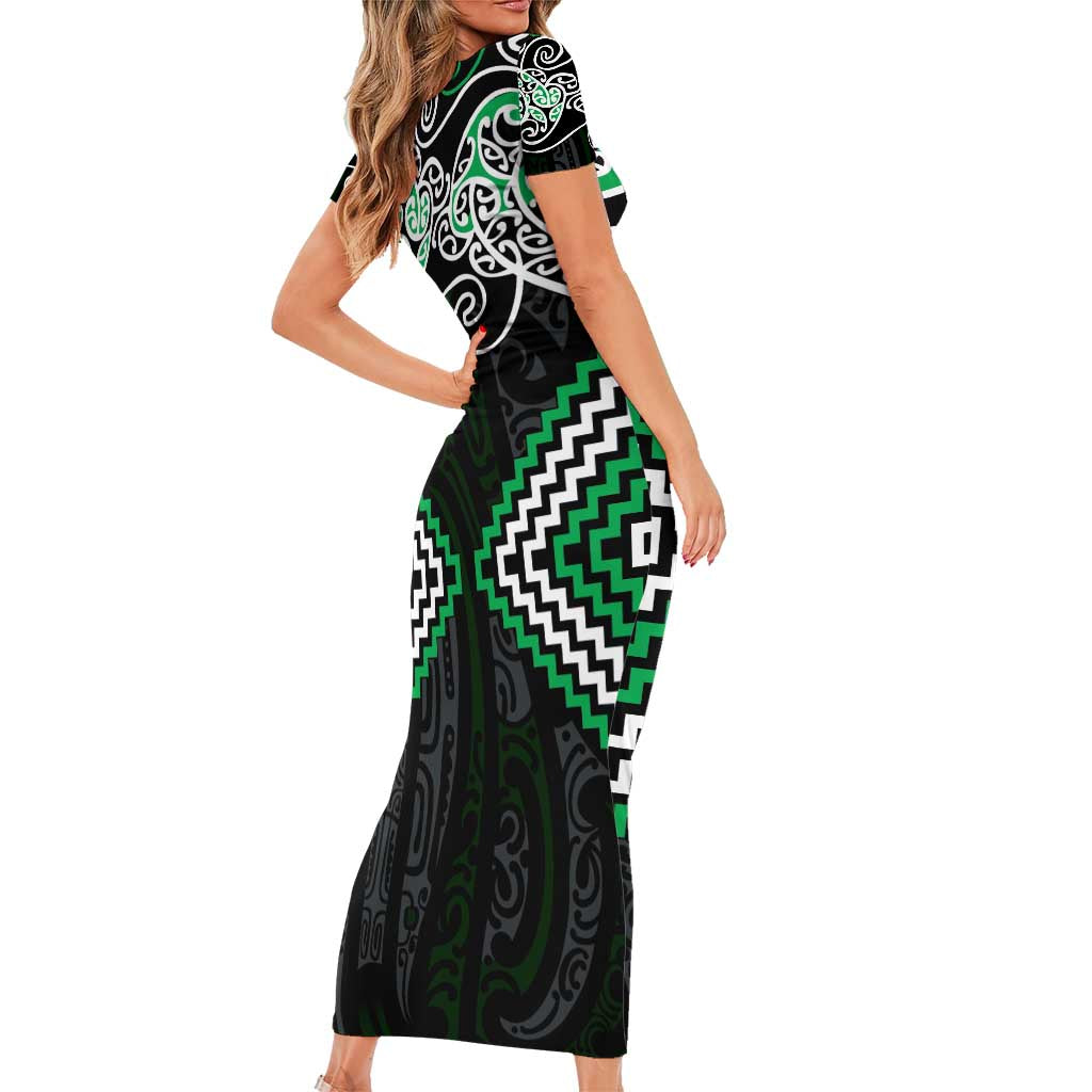 Green Aotearoa Tukutuku Manawa Tapu Family Matching Short Sleeve Bodycon Dress and Hawaiian Shirt Ta Moko Toi Maori LT9 - Polynesian Pride