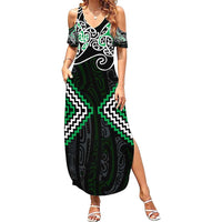 Green Aotearoa Tukutuku Manawa Tapu Family Matching Summer Maxi Dress and Hawaiian Shirt Ta Moko Toi Maori LT9 Mom's Dress Green - Polynesian Pride