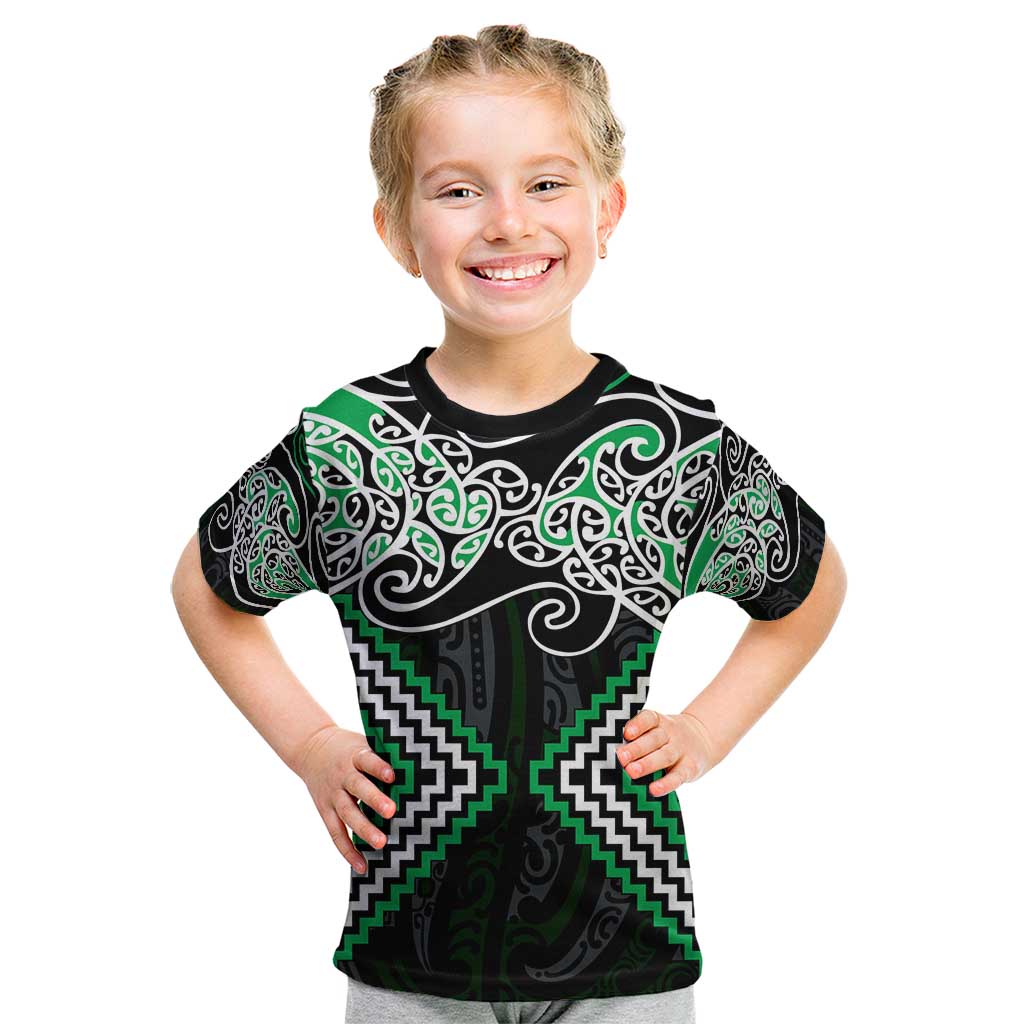 Green Aotearoa Tukutuku Manawa Tapu Kid T Shirt Ta Moko Toi Maori LT9 Green - Polynesian Pride