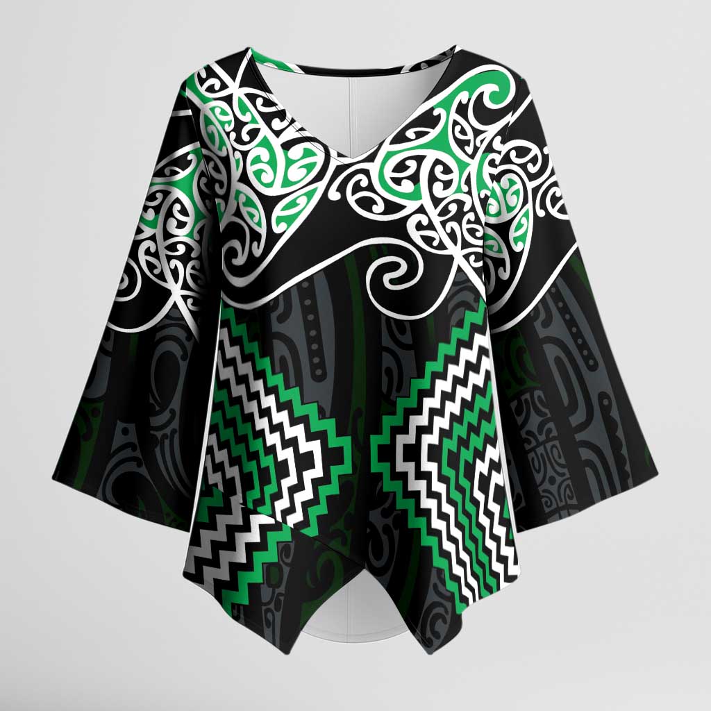 Green Aotearoa Tukutuku Manawa Tapu Kimono Sleeve Blouse Ta Moko Toi Maori - Polynesian Pride