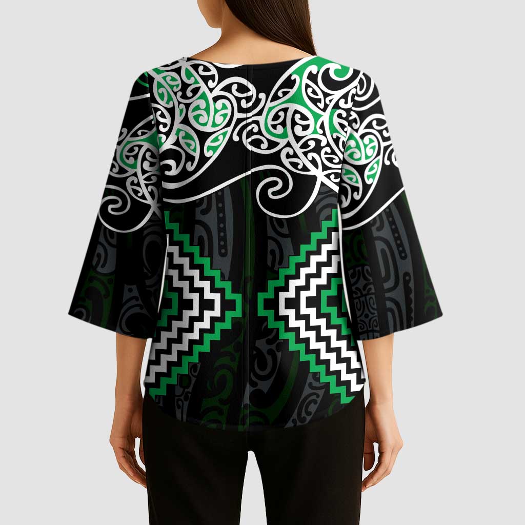 Green Aotearoa Tukutuku Manawa Tapu Kimono Sleeve Blouse Ta Moko Toi Maori - Polynesian Pride