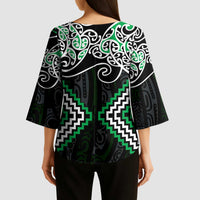Green Aotearoa Tukutuku Manawa Tapu Kimono Sleeve Blouse Ta Moko Toi Maori - Polynesian Pride