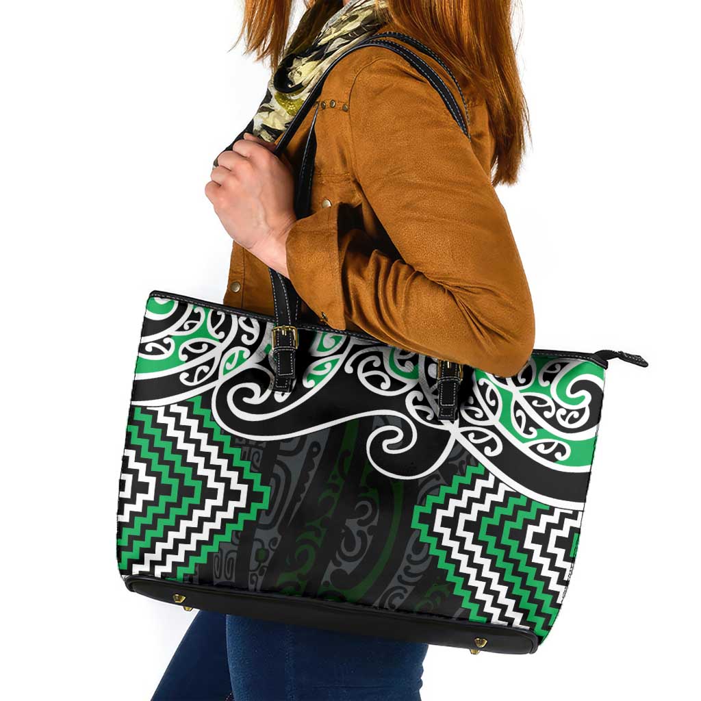 Green Aotearoa Tukutuku Manawa Tapu Leather Tote Bag Ta Moko Toi Maori LT9 Green - Polynesian Pride