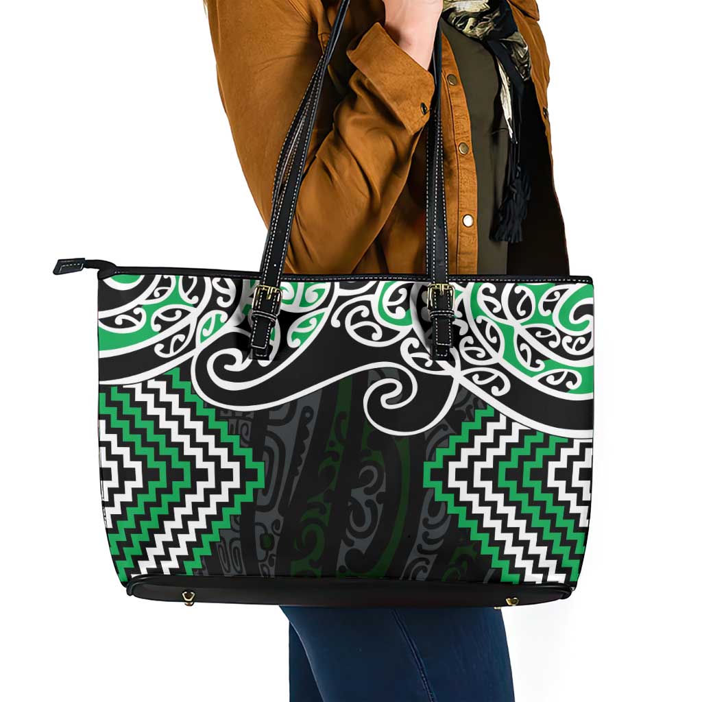 Green Aotearoa Tukutuku Manawa Tapu Leather Tote Bag Ta Moko Toi Maori LT9 - Polynesian Pride