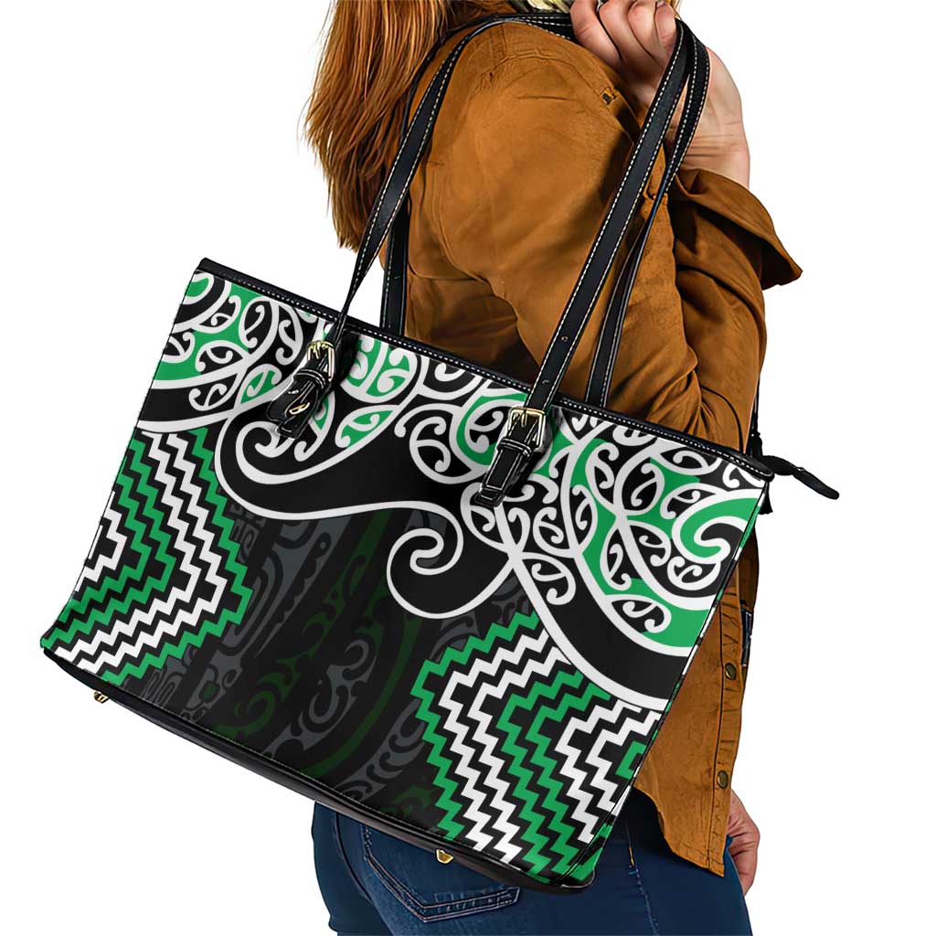 Green Aotearoa Tukutuku Manawa Tapu Leather Tote Bag Ta Moko Toi Maori LT9 - Polynesian Pride