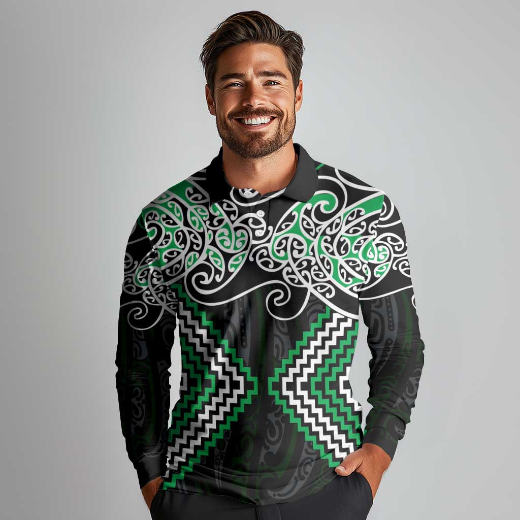 Green Aotearoa Tukutuku Manawa Tapu Long Sleeve Polo Shirt Ta Moko Toi Maori