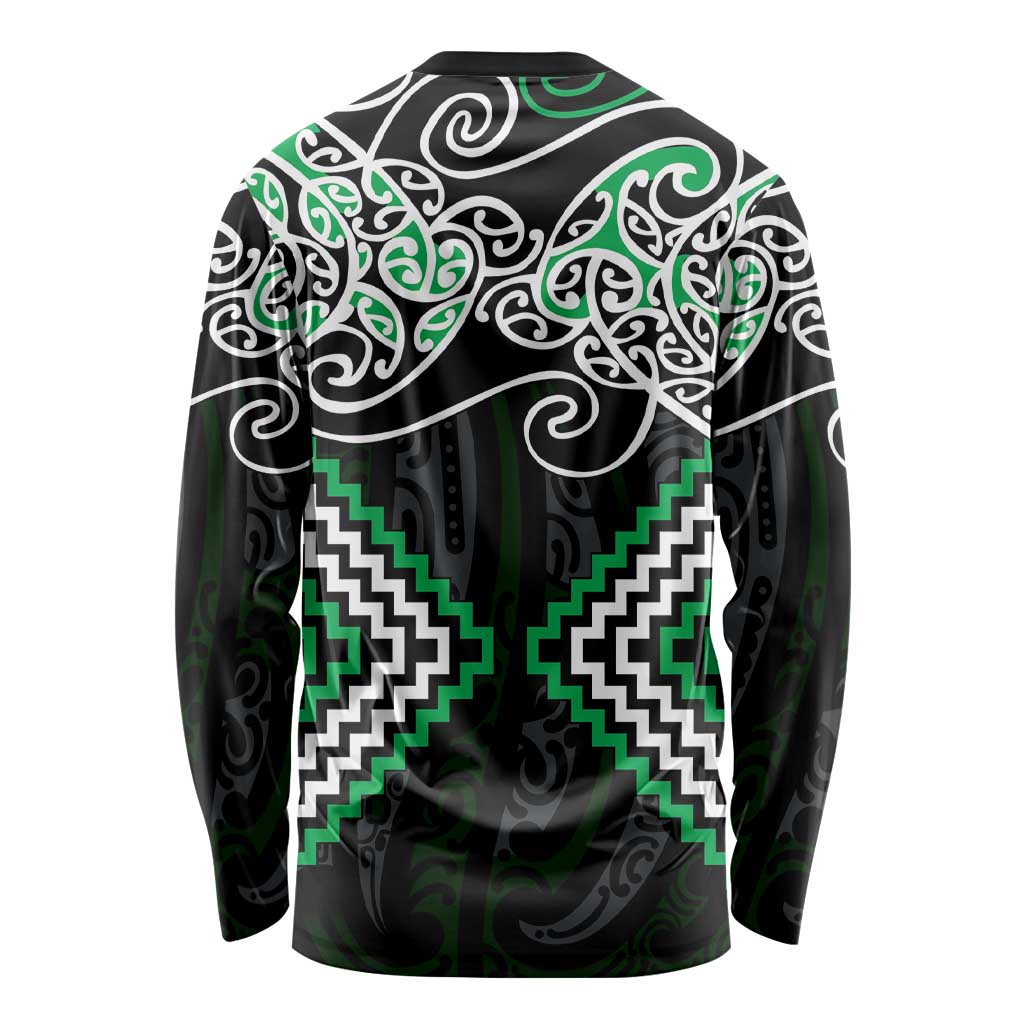 Green Aotearoa Tukutuku Manawa Tapu Long Sleeve Shirt Ta Moko Toi Maori LT9 - Polynesian Pride