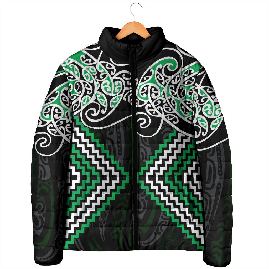 Green Aotearoa Tukutuku Manawa Tapu Padded Jacket Ta Moko Toi Maori - Polynesian Pride
