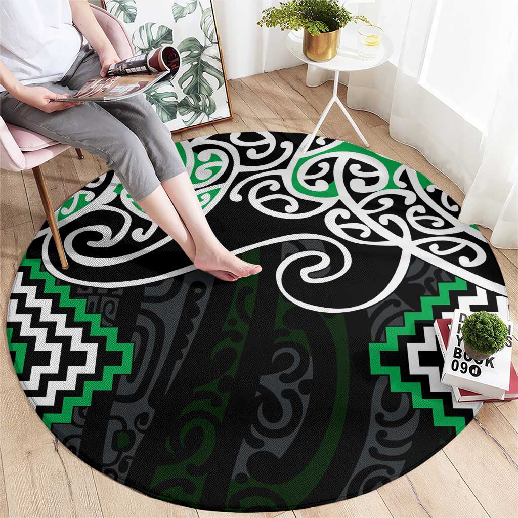 Green Aotearoa Tukutuku Manawa Tapu Round Carpet Ta Moko Toi Maori