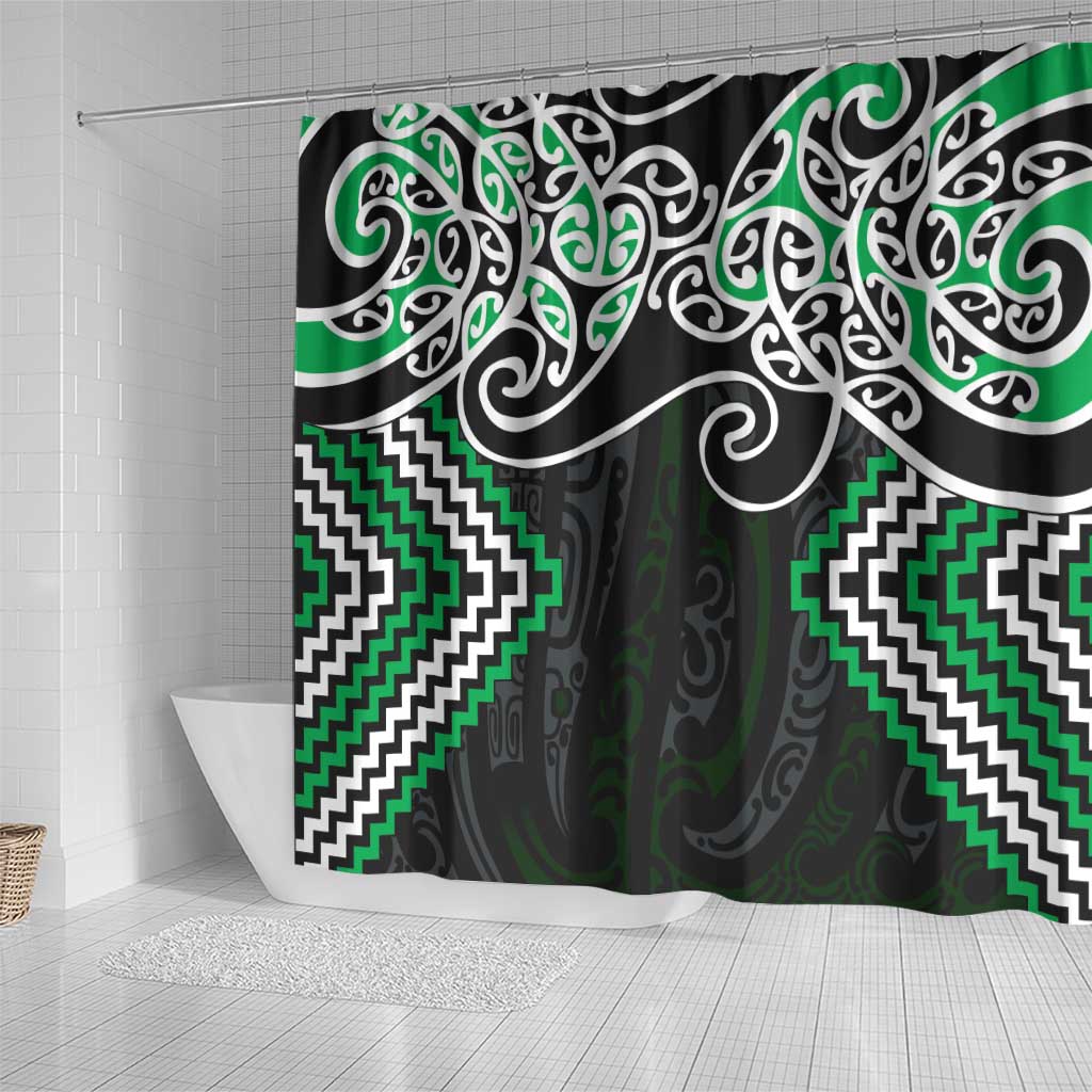 Green Aotearoa Tukutuku Manawa Tapu Shower Curtain Ta Moko Toi Maori