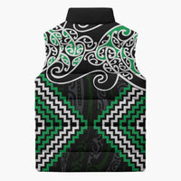 Green Aotearoa Tukutuku Manawa Tapu Sleeveless Puffer Jacket Ta Moko Toi Maori - Polynesian Pride