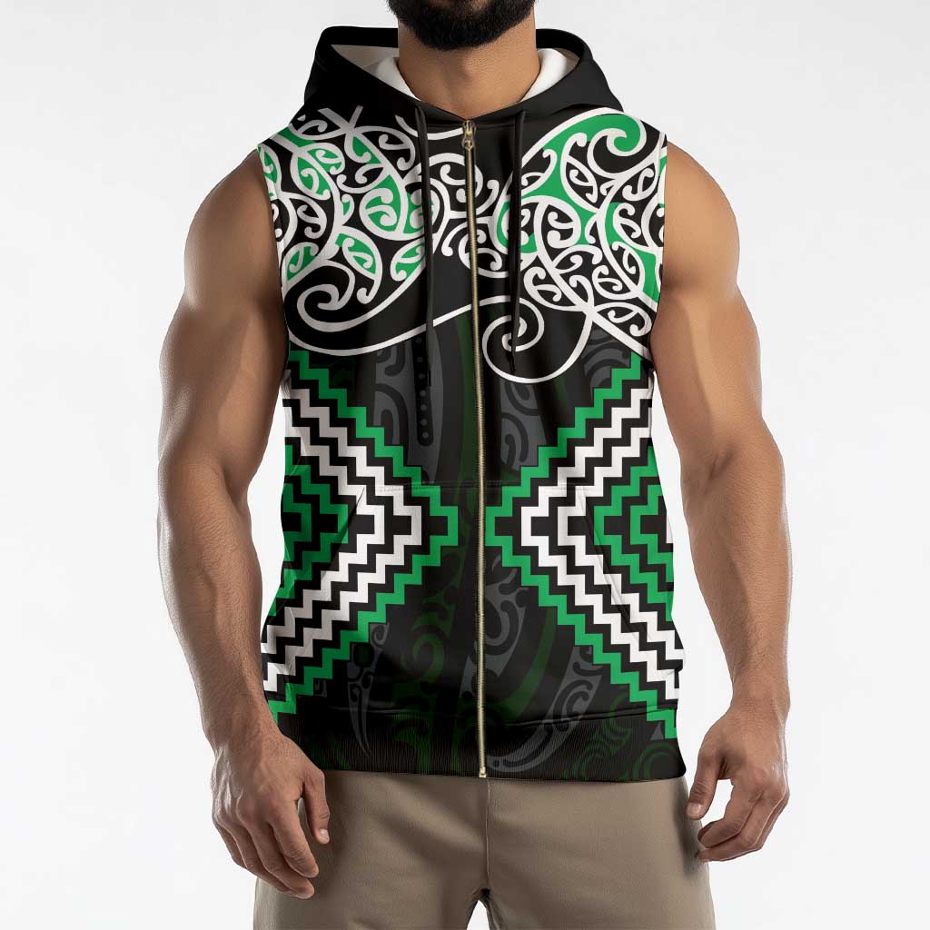 Green Aotearoa Tukutuku Manawa Tapu Sleeveless Zip Hoodie Ta Moko Toi Maori - Polynesian Pride