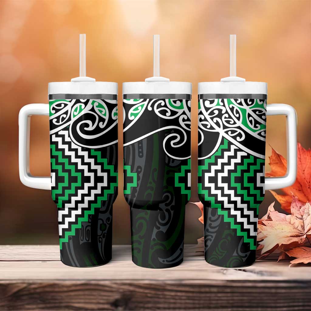 Green Aotearoa Tukutuku Manawa Tapu Tumbler With Handle Ta Moko Toi Maori LT9 - Polynesian Pride