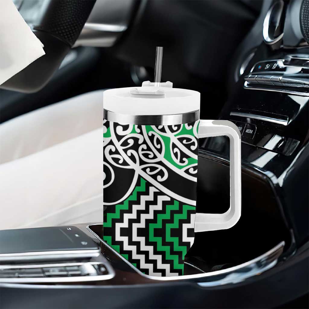 Green Aotearoa Tukutuku Manawa Tapu Tumbler With Handle Ta Moko Toi Maori LT9 - Polynesian Pride