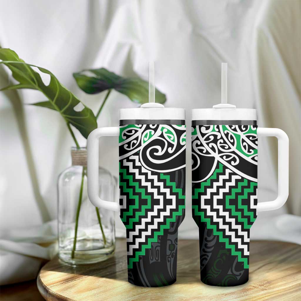 Green Aotearoa Tukutuku Manawa Tapu Tumbler With Handle Ta Moko Toi Maori LT9 - Polynesian Pride