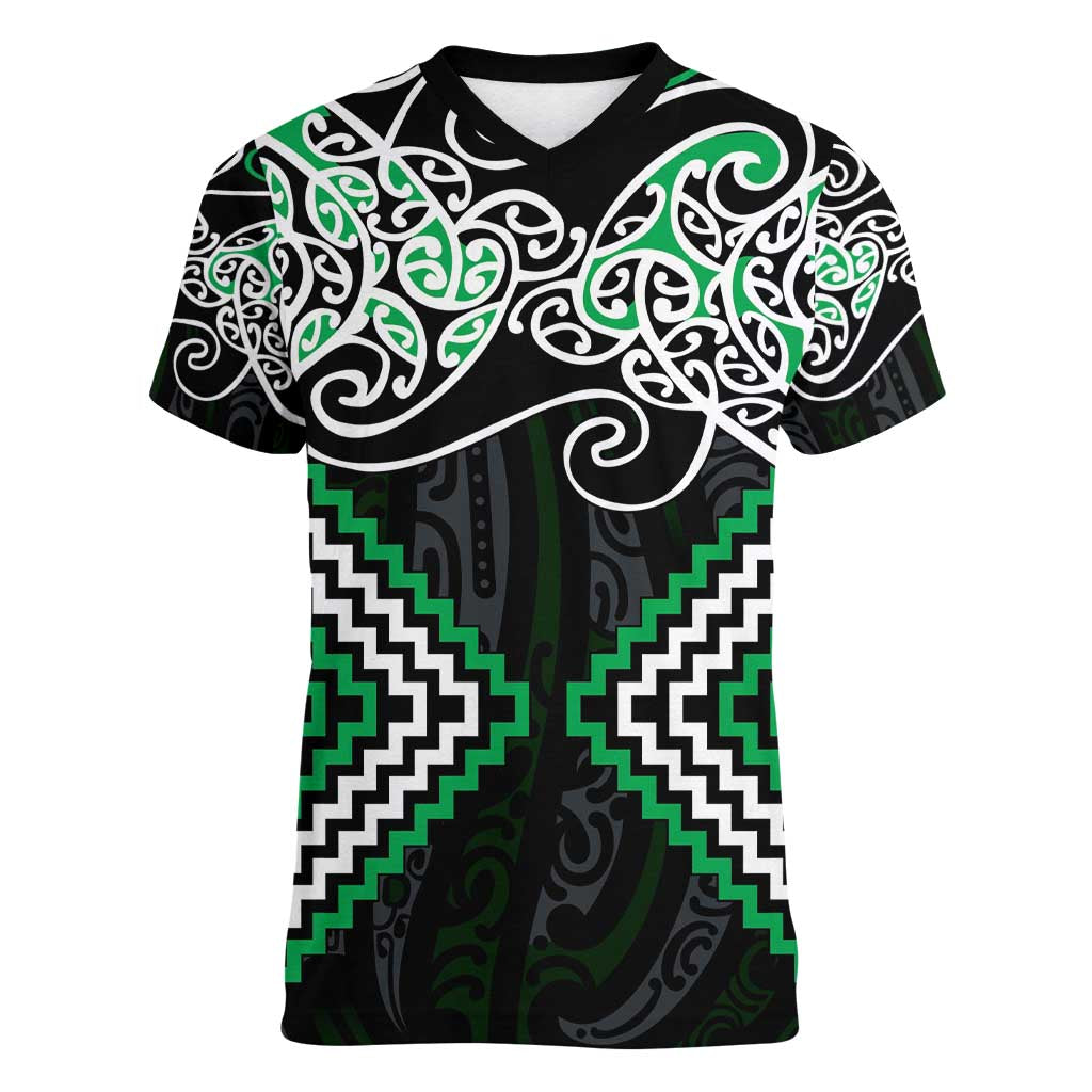 Green Aotearoa Tukutuku Manawa Tapu Women V-Neck T-Shirt Ta Moko Toi Maori LT9 Female Green - Polynesian Pride