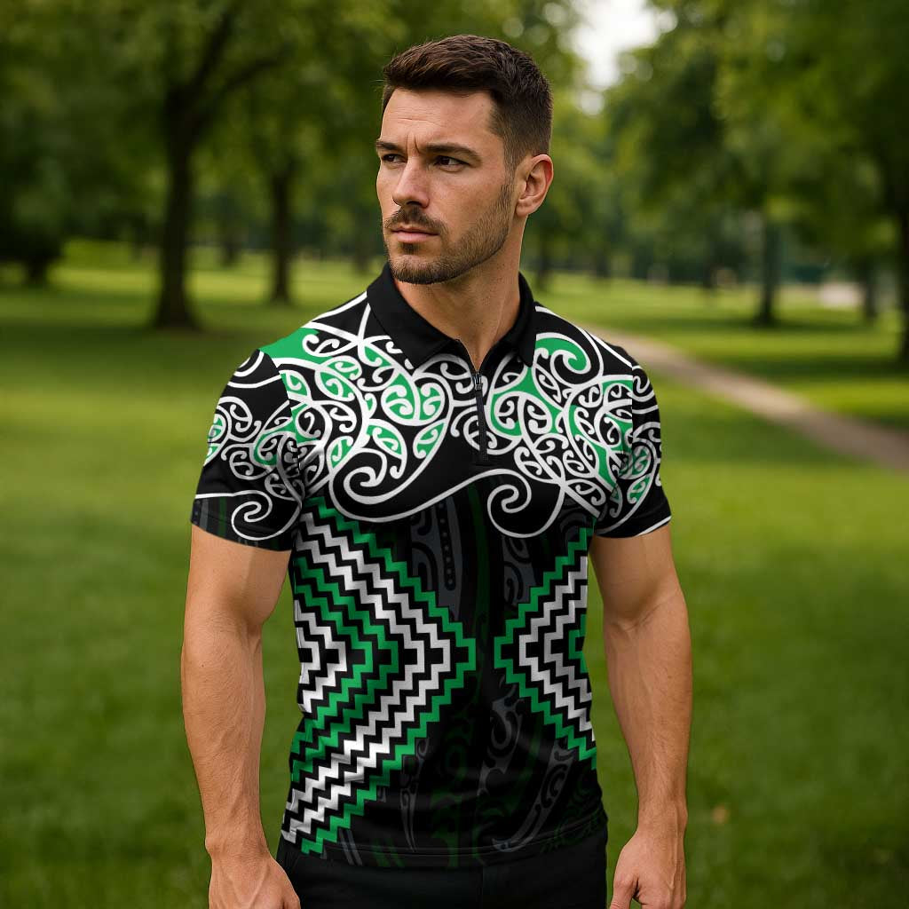 Green Aotearoa Tukutuku Manawa Tapu Zipper Polo Shirt Ta Moko Toi Maori - Polynesian Pride