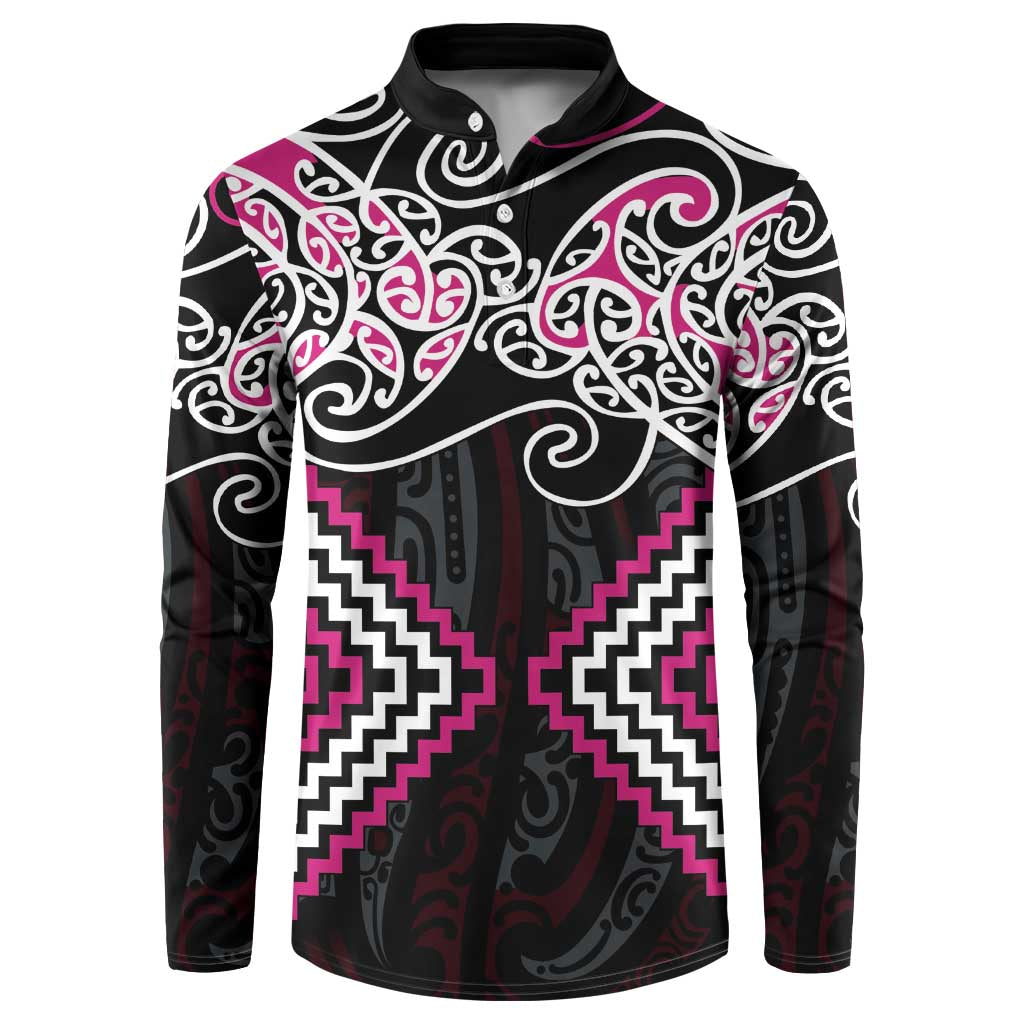 Pink Aotearoa Tukutuku Manawa Tapu Button Sweatshirt Ta Moko Toi Maori LT9 Pink - Polynesian Pride