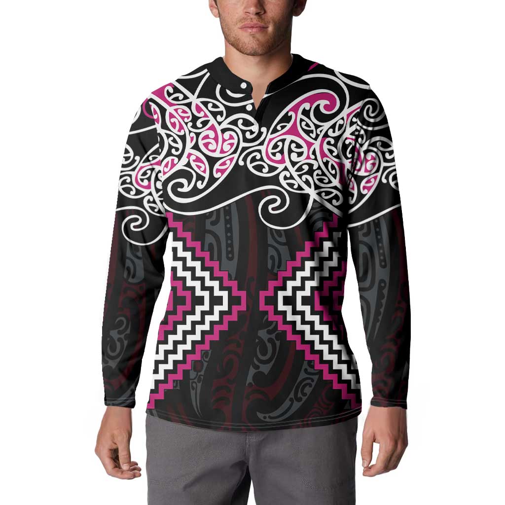 Pink Aotearoa Tukutuku Manawa Tapu Button Sweatshirt Ta Moko Toi Maori LT9 - Polynesian Pride