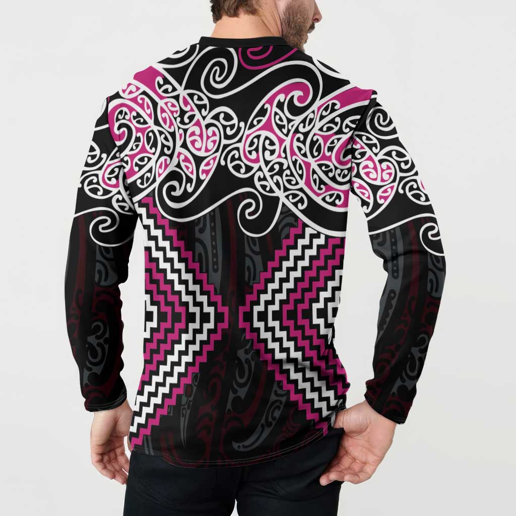 Pink Aotearoa Tukutuku Manawa Tapu Button Sweatshirt Ta Moko Toi Maori LT9 - Polynesian Pride