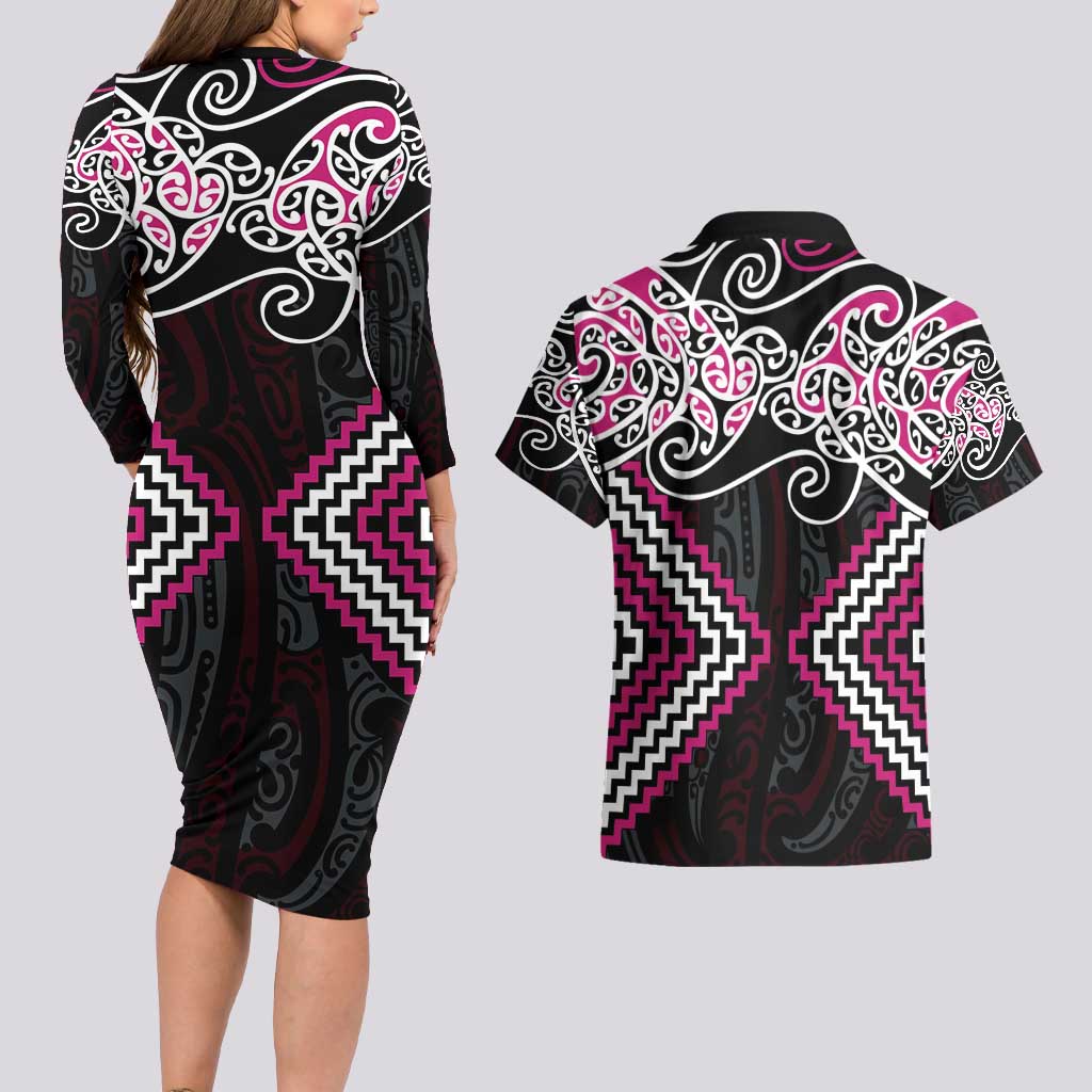 Pink Aotearoa Tukutuku Manawa Tapu Couples Matching Long Sleeve Bodycon Dress and Hawaiian Shirt Ta Moko Toi Maori LT9 - Polynesian Pride