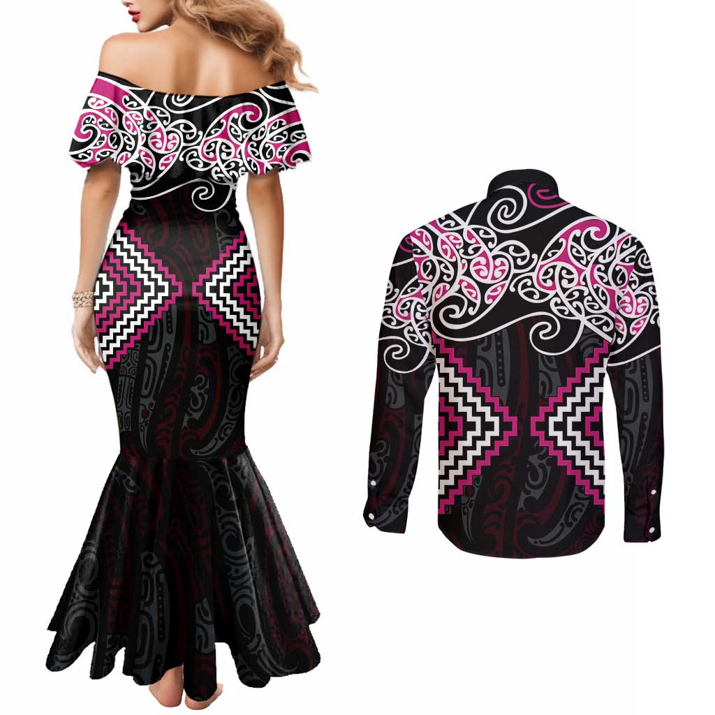 Pink Aotearoa Tukutuku Manawa Tapu Couples Matching Mermaid Dress and Long Sleeve Button Shirt Ta Moko Toi Maori