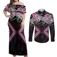 Pink Aotearoa Tukutuku Manawa Tapu Couples Matching Off Shoulder Maxi Dress and Long Sleeve Button Shirt Ta Moko Toi Maori
