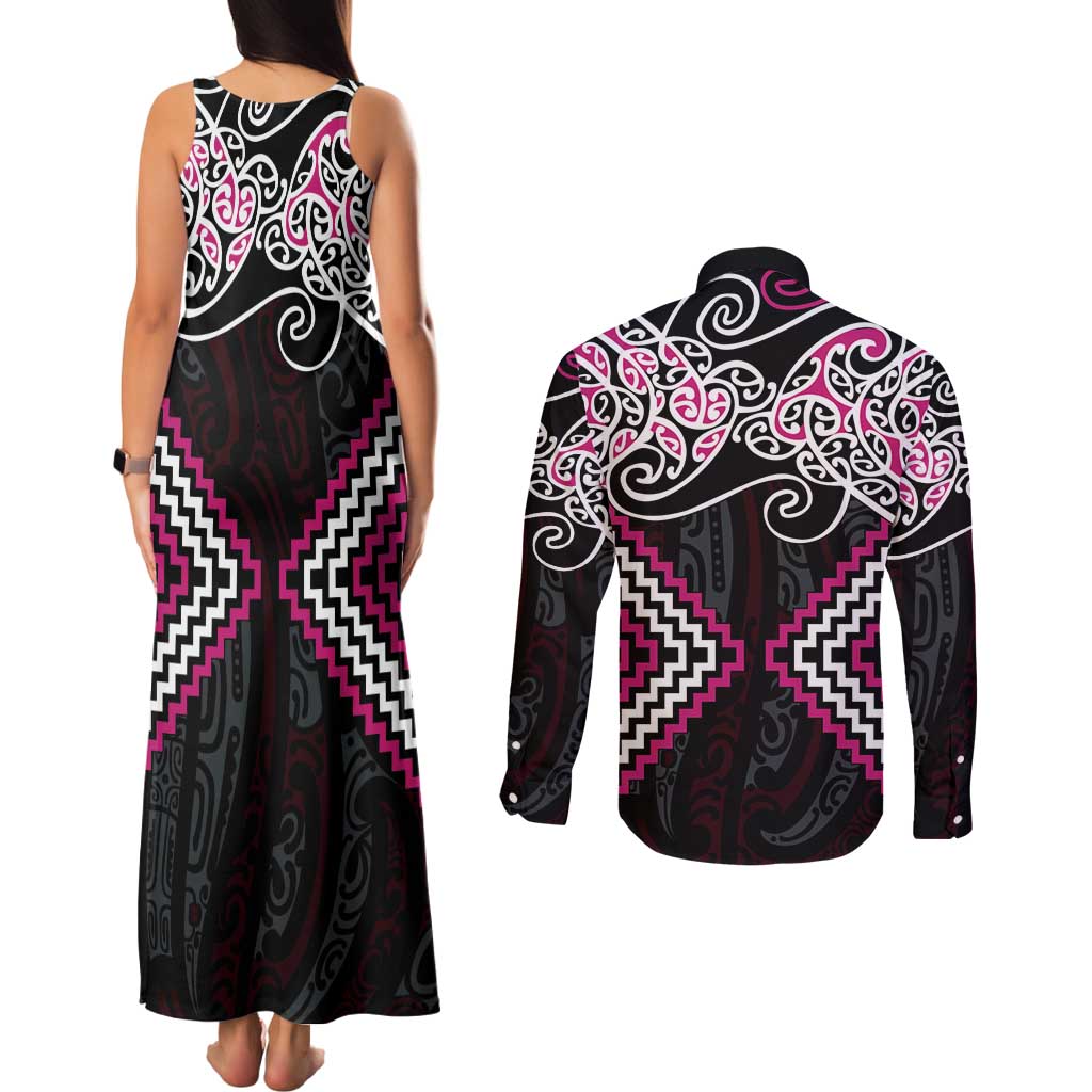 Pink Aotearoa Tukutuku Manawa Tapu Couples Matching Tank Maxi Dress and Long Sleeve Button Shirt Ta Moko Toi Maori