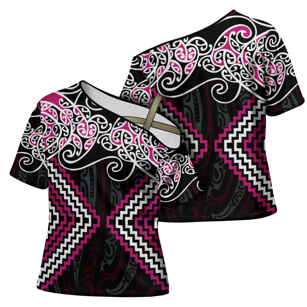 Pink Aotearoa Tukutuku Manawa Tapu Cross Shoulder Shirt Ta Moko Toi Maori - Polynesian Pride